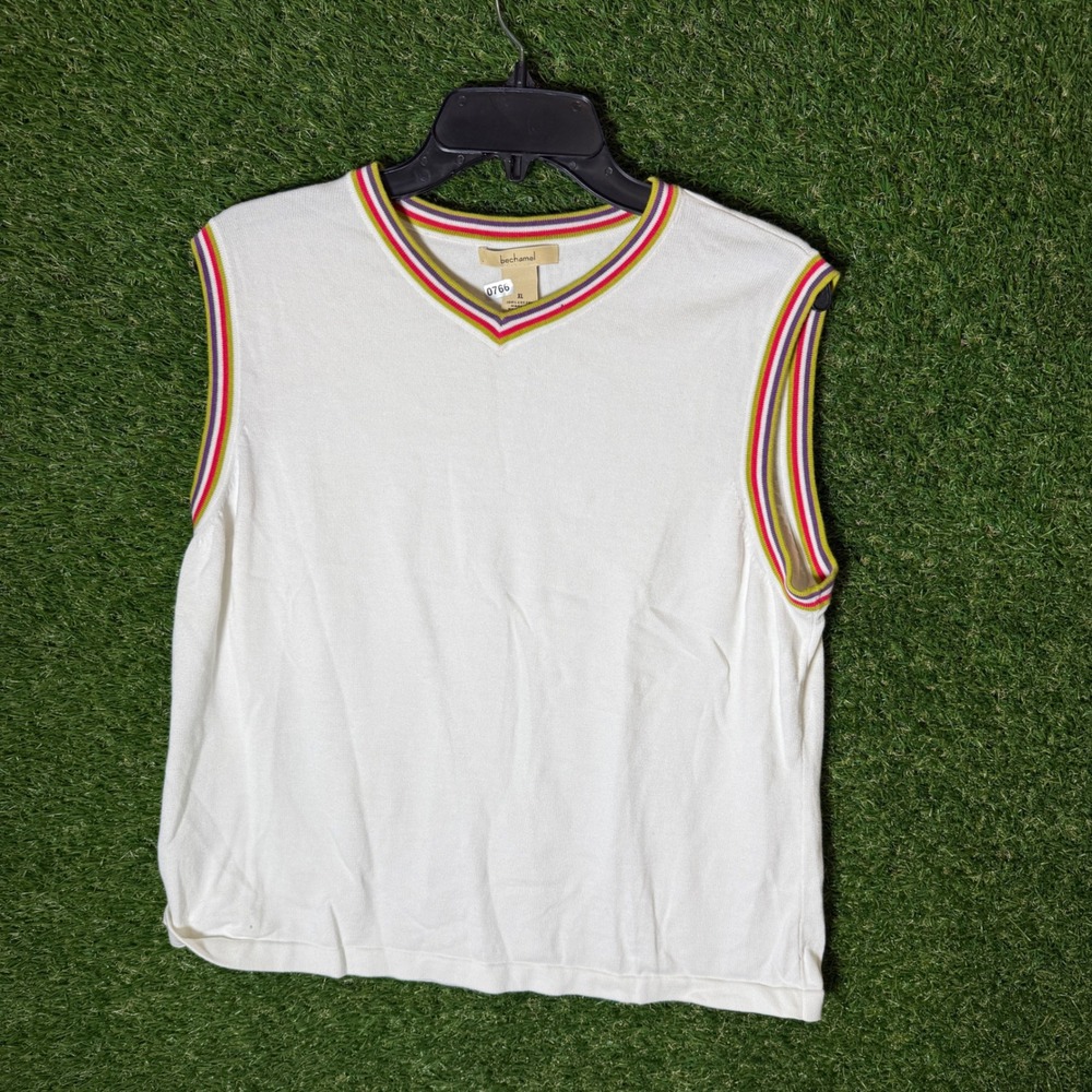 Bechamel Women's V Neck Sleeveless Sweater Vest XL White Cotton Trimmed Stripes